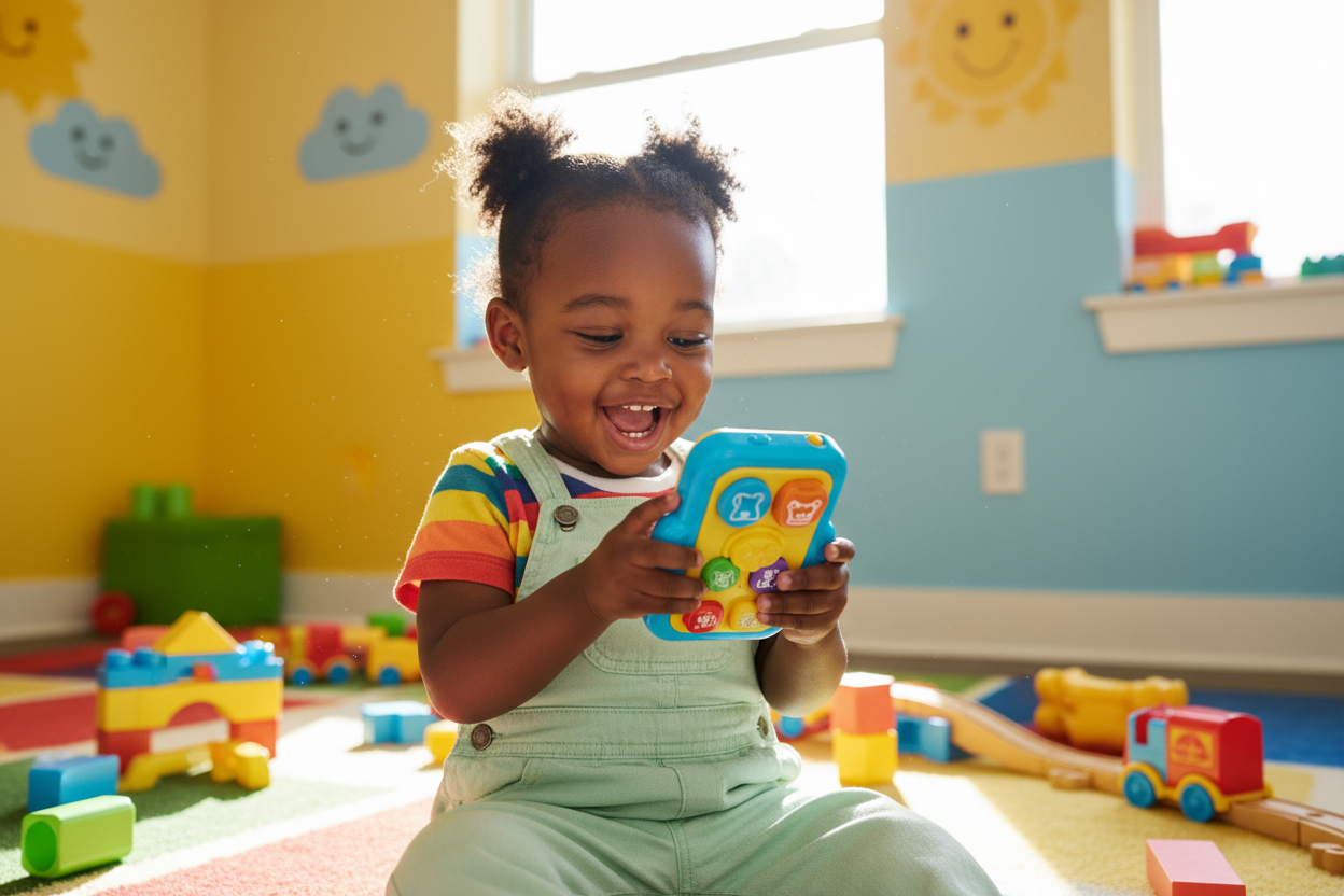 black toddler playing with kid smartphone