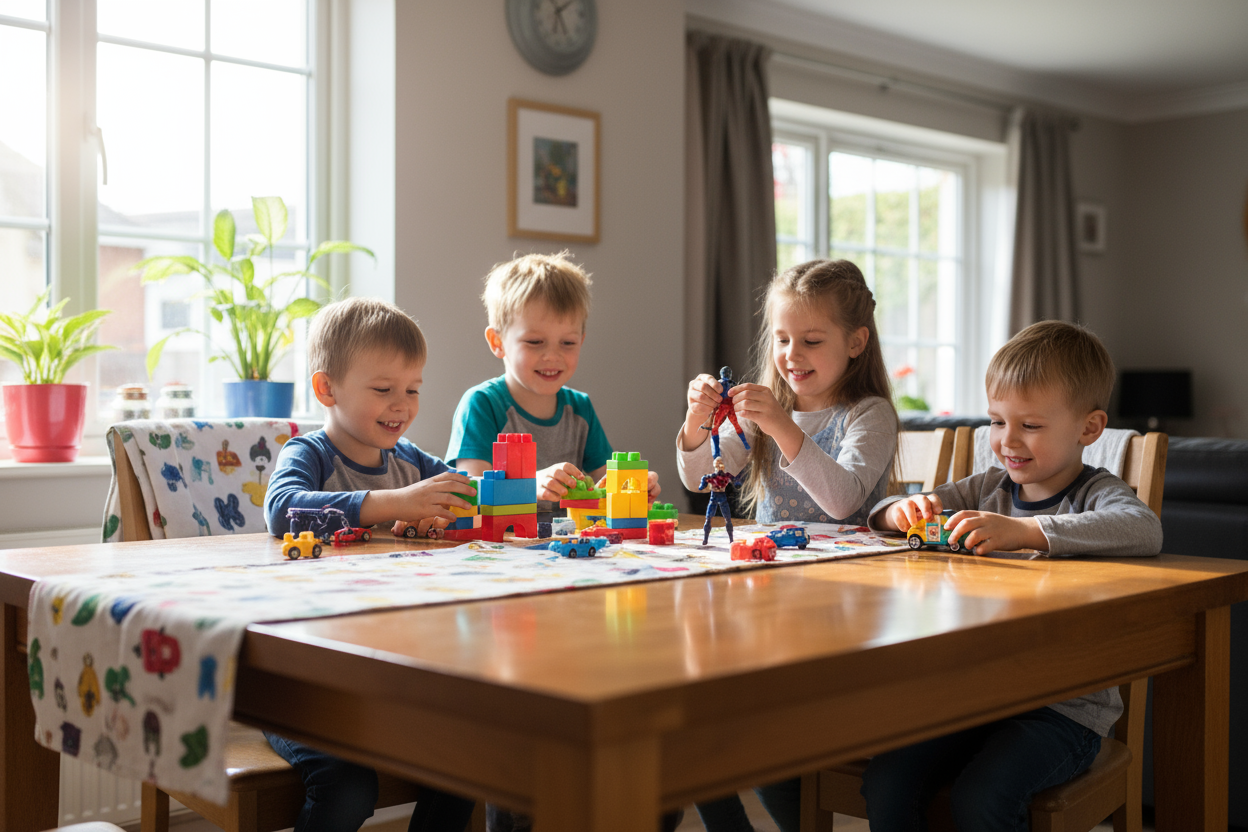 kids playing with toys on kitchen table